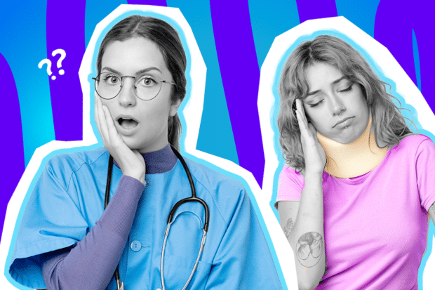 Ausdrucksstarke Collage zum Thema Medical Gaslighting und strukturelle Benachteiligung von Frauen in der Medizin: Auf der linken Seite blickt eine Ärztin in Schwarz-Weiß mit Brille völlig schockiert und ratlos in die Kamera, während sie sich eine Hand an die Wange schlägt. Sie trägt einen leuchtend blauen Kasack und ein Stethoskop um den Hals. Auf der rechten Seite steht eine junge Patientin in Schwarz-Weiß, die mit geschlossenen Augen und schmerzverzerrtem Gesicht erschöpft die Hand an den Kopf legt. Sie trägt eine knallgelbe Halskrause und ein leuchtend pinkes T-Shirt. Weiße Fragezeichen-Icons und das Pop-Art-Motiv vor einem markanten blau-violetten Wellen-Hintergrund visualisieren pointiert das frustrierende und oft gefährliche Phänomen, wenn Frauen mit starken Schmerzen im medizinischen System nicht ernst genommen oder ihre Symptome verharmlost werden.