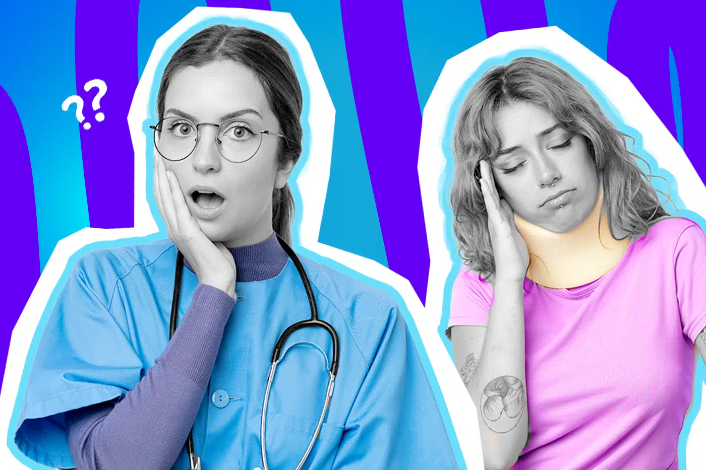 Ausdrucksstarke Collage zum Thema Medical Gaslighting und strukturelle Benachteiligung von Frauen in der Medizin: Auf der linken Seite blickt eine Ärztin in Schwarz-Weiß mit Brille völlig schockiert und ratlos in die Kamera, während sie sich eine Hand an die Wange schlägt. Sie trägt einen leuchtend blauen Kasack und ein Stethoskop um den Hals. Auf der rechten Seite steht eine junge Patientin in Schwarz-Weiß, die mit geschlossenen Augen und schmerzverzerrtem Gesicht erschöpft die Hand an den Kopf legt. Sie trägt eine knallgelbe Halskrause und ein leuchtend pinkes T-Shirt. Weiße Fragezeichen-Icons und das Pop-Art-Motiv vor einem markanten blau-violetten Wellen-Hintergrund visualisieren pointiert das frustrierende und oft gefährliche Phänomen, wenn Frauen mit starken Schmerzen im medizinischen System nicht ernst genommen oder ihre Symptome verharmlost werden.