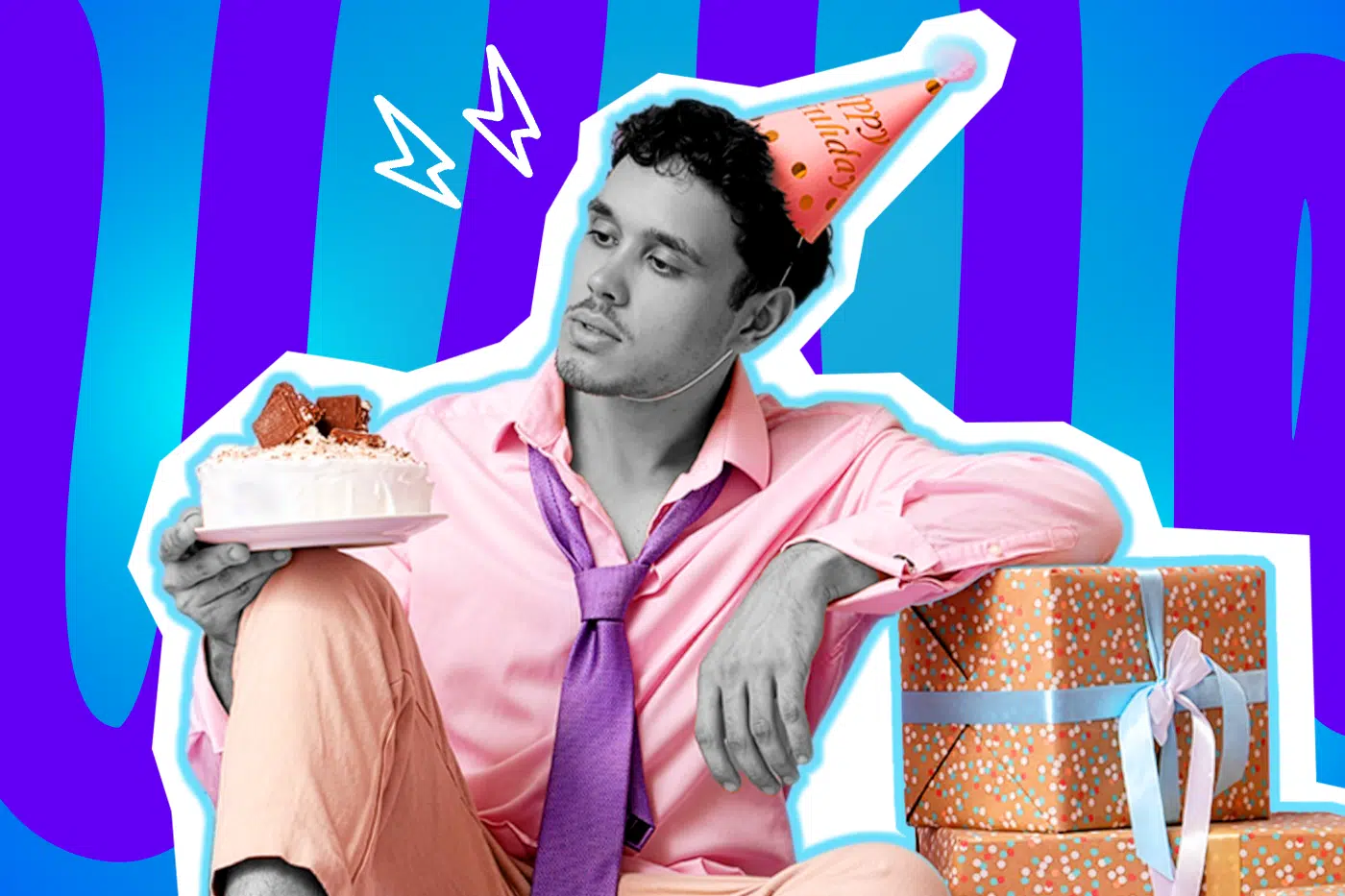 Humorvolle Collage zum Thema Pünktlichkeit, mangelnde Wertschätzung und Party-Fails: Im Zentrum sitzt ein junger Mann in Schwarz-Weiß, der völlig enttäuscht, genervt und fassungslos auf eine weiße Torte mit Schokostücken in seiner Hand blickt. Er trägt ein leuchtend pinkfarbenes Hemd, eine gelockerte lila Krawatte und einen pinken "Happy Birthday"-Partyhut, die farblich extrem stark hervortreten. Neben ihm stapeln sich bunte, orange gepunktete Geschenke mit hellblauen Schleifen. Weiße Blitz-Icons über seinem Kopf und das Pop-Art-Motiv vor einem markanten blau-violetten Wellen-Hintergrund visualisieren pointiert die absolute Frustration und das bittere Gefühl, wenn man mit teurem Gebäck überpünktlich zur Feier erscheint, die Gastgeber aber respektlos bereits ohne einen angefangen haben.