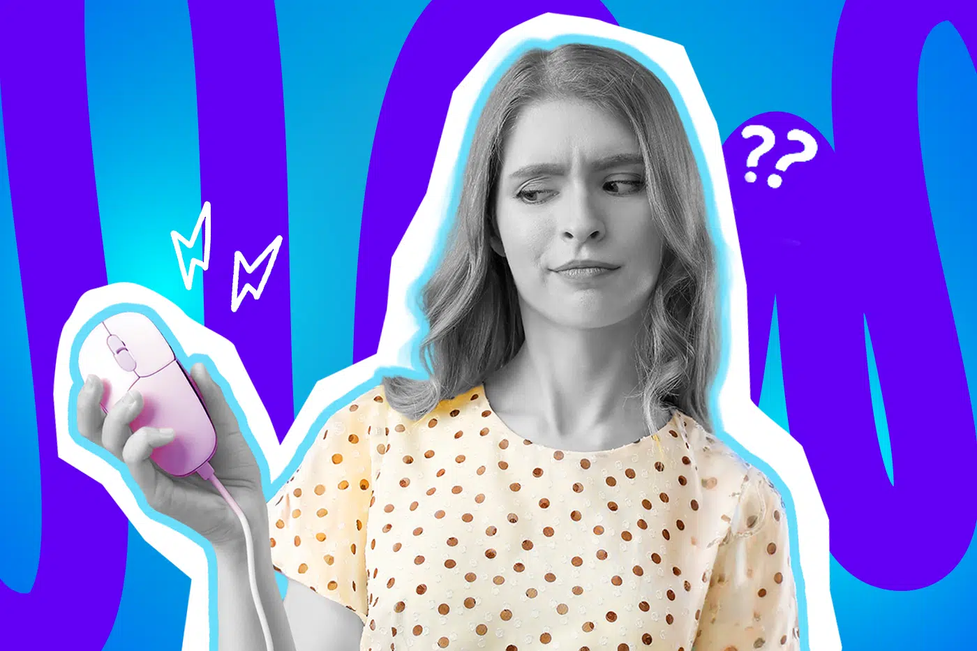Humorvolle Collage zum Thema toxische Arbeitskultur, Mikromanagement und absurde Büro-Konflikte: Im Zentrum steht eine junge Frau in Schwarz-Weiß, die äußerst skeptisch, verwirrt und leicht genervt auf eine leuchtend pinkfarbene Computermaus blickt, die sie in der Hand hält. Sie trägt eine helle Bluse mit farblich hervortretenden, bräunlichen Punkten. Weiße Fragezeichen- und Blitz-Icons neben ihrem Kopf sowie das Pop-Art-Motiv vor einem markanten blau-violetten Wellen-Hintergrund visualisieren pointiert die absolute Fassungslosigkeit über lächerliche Gründe für Personalgespräche, toxisches Chef-Verhalten und den klassischen "Ist das gerade wirklich passiert?"-Moment im Berufsalltag.