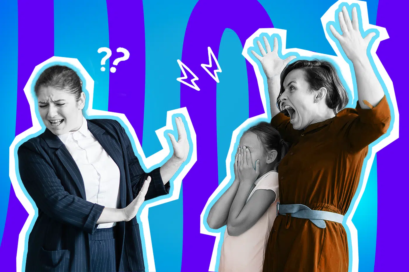 Ausdrucksstarke Collage zum Thema Schulwahnsinn, Helikoptereltern und absurde Elternarbeit: Auf der linken Seite steht eine gestresste Lehrerin in Schwarz-Weiß, die in ihrem dunklen Nadelstreifenanzug abwehrend die Hände hebt und sichtlich genervt das Gesicht verzieht. Auf der rechten Seite steht eine völlig wütende Mutter, deren Gesicht und Arme ebenfalls in Schwarz-Weiß gehalten sind. Sie reißt brüllend und wild gestikulierend beide Arme in die Luft. Ihr rostbraunes Kleid mit einem bläulich-grauen Gürtel tritt farblich extrem stark hervor. Dazwischen steht eine kleine Schülerin in Schwarz-Weiß, die sich vor lauter Scham verzweifelt beide Hände vors Gesicht schlägt. Weiße Fragezeichen- und Blitz-Icons sowie das Pop-Art-Motiv vor einem markanten blau-violetten Wellen-Hintergrund visualisieren pointiert den alltäglichen Wahnsinn, die völlig überzogenen Forderungen von manchen Eltern und die absurden Eskalationen, mit denen Lehrkräfte regelmäßig konfrontiert werden.