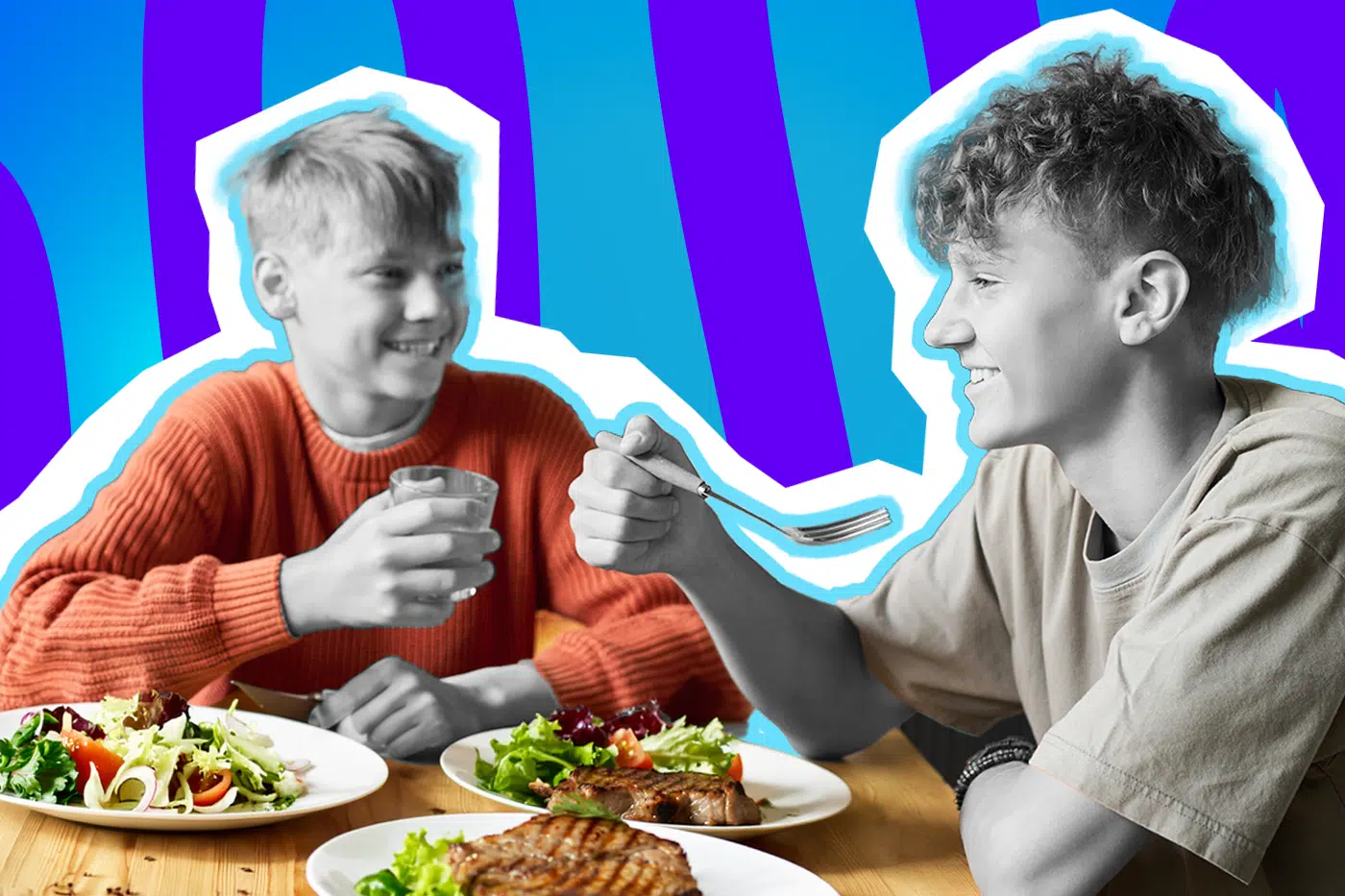 Emotionale Collage zum Thema Gastfreundschaft, gemeinsames Essen und Nächstenliebe: Auf der linken Seite sitzt eine lächelnde Person in Schwarz-Weiß, die ein Glas hält und einen leuchtend orangefarbenen Pullover trägt, der farblich stark hervortritt. Ihr gegenüber auf der rechten Seite sitzt eine weitere fröhliche Person im Profil in Schwarz-Weiß. Sie trägt ein beigefarbenes T-Shirt und hält eine Gabel in der Hand. Vor ihnen auf dem Holztisch stehen üppig gefüllte, bunte Teller mit frischem Salat und gebratenem Fleisch. Das Pop-Art-Motiv vor einem markanten blau-violetten Wellen-Hintergrund visualisiert pointiert das wärmende Gefühl von Zusammenhalt, das unkomplizierte Teilen einer Mahlzeit und den Moment, in dem ein Platz am Esstisch für jemanden freigemacht wird.