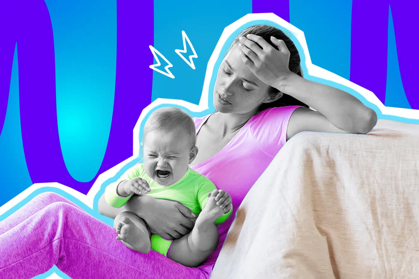 Emotionale Collage zum Thema Mutterschaft, elterliche Überforderung und Baby-Alltag: Im Zentrum sitzt eine junge Mutter in Schwarz-Weiß auf dem Boden, die erschöpft eine Hand an die Stirn legt und gestresst nach unten blickt. Sie trägt ein leuchtend pinkfarbenes T-Shirt und lilafarbene Hosen, die farblich extrem stark hervortreten. Auf ihrem Schoß liegt ein weinendes, schreiendes Baby in Schwarz-Weiß, das einen knallgrünen Body trägt. Weiße Blitz-Icons über dem Kopf der Mutter und das Pop-Art-Motiv vor einem markanten blau-violetten Wellen-Hintergrund visualisieren pointiert die ungeschönte Realität, den chronischen Schlafmangel und den absoluten Moment der Überforderung, wenn das Baby weint und nichts nach Plan läuft.