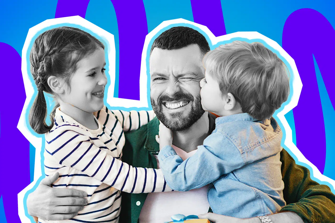 Humorvolle Collage zum Thema Elternschaft, Familienleben und die liebevollen Opfer für den Nachwuchs: Im Zentrum steht ein lachender Vater in Schwarz-Weiß, der amüsiert das Gesicht verzieht und ein Auge zukneift, während er von zwei Kindern innig umarmt und auf die Wange geküsst wird. Der Vater trägt ein dunkelgrünes Hemd über einem zartrosa T-Shirt, welche farblich stark hervortreten. Auf der linken Seite umarmt ihn ein lächelndes Mädchen mit Zopf in einem blau-weiß gestreiften Oberteil, auf der rechten Seite drückt ihm ein Junge in einem hellblauen Hemd einen Kuss auf die Wange. Das Pop-Art-Motiv vor einem markanten blau-violetten Wellen-Hintergrund visualisiert pointiert die liebevolle (und manchmal laute) Überwältigung im Familienalltag und die unzähligen Dinge, die man am Wochenende trotz aller Müdigkeit mit einem Lächeln für seine Kinder tut.