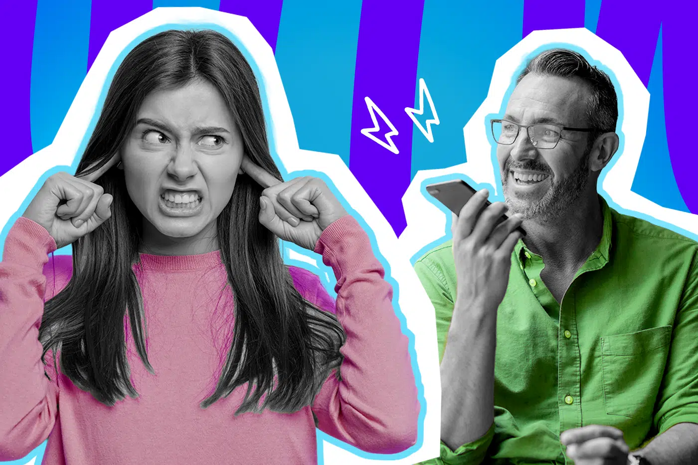 Humorvolle Collage zum Thema Alltagsärgernisse und nervige Gewohnheiten in der Öffentlichkeit: Auf der linken Seite steht eine Frau in Schwarz-Weiß, die sich mit zusammengebissenen Zähnen und einem extrem genervten, fast wütenden Blick mit beiden Zeigefingern die Ohren zuhält. Sie trägt einen leuchtend pinkfarbenen Pullover. Auf der rechten Seite steht ein Mann in Schwarz-Weiß mit Brille, der fröhlich lächelt und in einem knallgrünen Hemd sein Smartphone wie ein Knäckebrot vor den Mund hält, um eine Sprachnachricht einzusprechen oder über den Lautsprecher abzuhören. Weiße Blitz-Icons zwischen den beiden und das Pop-Art-Motiv vor einem markanten blau-violetten Wellen-Hintergrund visualisieren pointiert rücksichtslose Handynutzung, das klassische "Pet Peeve"-Phänomen und den Moment, in dem uns die völlig harmlosen Eigenarten unserer Mitmenschen absolut auf die Palme bringen.