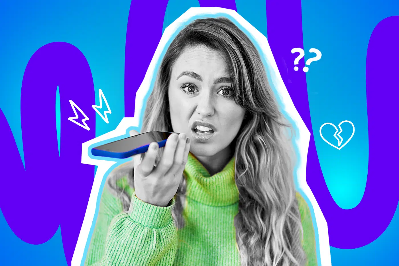 Humorvolle Collage zum Thema Ex-Partner, toxische Nachrichten und Booty Calls: Im Zentrum steht eine junge Frau in Schwarz-Weiß, die extrem genervt, skeptisch und angewidert in die Kamera blickt, während sie ein Smartphone mit blauer Hülle waagerecht wie bei einer Sprachnachricht vor den Mund hält. Sie trägt einen leuchtend hellgrünen Rollkragenpullover, der farblich extrem stark hervortritt. Weiße Blitz- und Fragezeichen-Icons, ein weißes Icon eines gebrochenen Herzens sowie das Pop-Art-Motiv vor einem markanten blau-violetten Wellen-Hintergrund in der Datei "Threads-Wenn-der-Exfreund-plötzlich-wieder-.schreibt.jpg" visualisieren pointiert die absolute Fassungslosigkeit und den genervten "Was willst du eigentlich?!"-Moment, wenn sich der Ex-Freund nach Jahren der Funkstille plötzlich mit niederen Absichten wieder meldet.