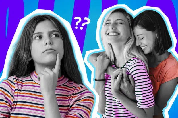 Ausdrucksstarke Collage zum Thema Coming-out, familiäre Akzeptanz und sexuelle Identität: Auf der linken Seite blickt ein Mädchen in Schwarz-Weiß nachdenklich und leicht irritiert nach oben, während sie den Zeigefinger ans Kinn legt. Sie trägt ein leuchtend pink-orange gestreiftes T-Shirt. Auf der rechten Seite umarmen sich zwei junge Frauen in Schwarz-Weiß innig von hinten und lachen glücklich mit geschlossenen Augen. Die vordere Frau trägt ein pink-schwarz gestreiftes T-Shirt, die hintere ein orangefarbenes Oberteil, welche farblich stark hervortreten. Weiße Fragezeichen-Icons über dem Mädchen und das Pop-Art-Motiv vor einem markanten blau-violetten Wellen-Hintergrund visualisieren pointiert den schmerzhaften Konflikt, wenn die eigene Identität durch die Familie infrage gestellt wird, im starken Kontrast zum puren Glück und der unbestreitbaren Realität echter Liebe.