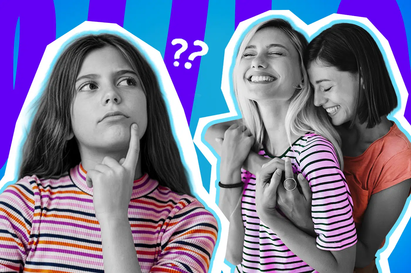 Ausdrucksstarke Collage zum Thema Coming-out, familiäre Akzeptanz und sexuelle Identität: Auf der linken Seite blickt ein Mädchen in Schwarz-Weiß nachdenklich und leicht irritiert nach oben, während sie den Zeigefinger ans Kinn legt. Sie trägt ein leuchtend pink-orange gestreiftes T-Shirt. Auf der rechten Seite umarmen sich zwei junge Frauen in Schwarz-Weiß innig von hinten und lachen glücklich mit geschlossenen Augen. Die vordere Frau trägt ein pink-schwarz gestreiftes T-Shirt, die hintere ein orangefarbenes Oberteil, welche farblich stark hervortreten. Weiße Fragezeichen-Icons über dem Mädchen und das Pop-Art-Motiv vor einem markanten blau-violetten Wellen-Hintergrund visualisieren pointiert den schmerzhaften Konflikt, wenn die eigene Identität durch die Familie infrage gestellt wird, im starken Kontrast zum puren Glück und der unbestreitbaren Realität echter Liebe.