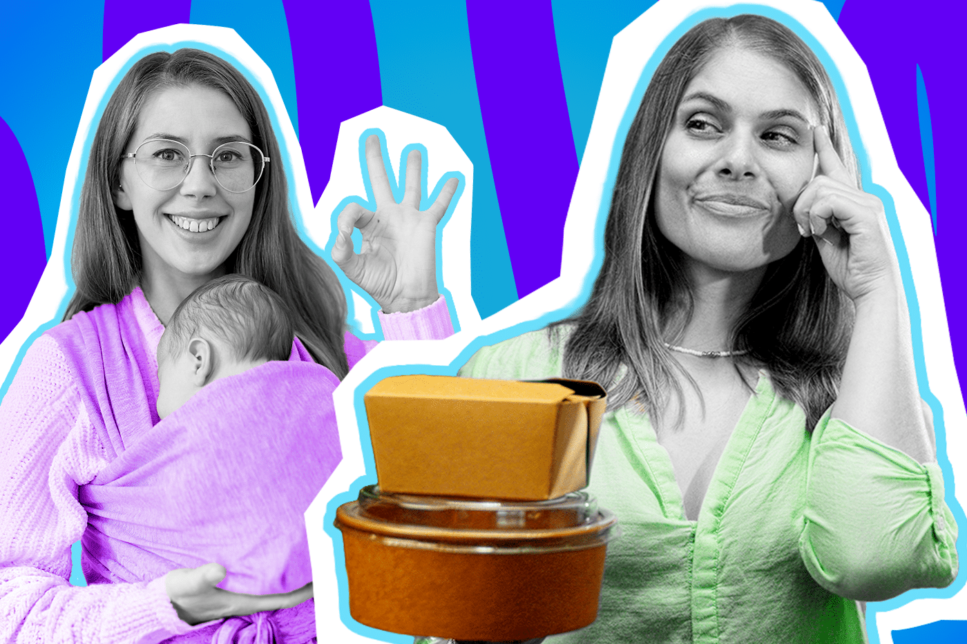 Humorvolle Collage zum Thema Wochenbett und Unterstützung durch Freunde: Auf der linken Seite lächelt eine Mutter in Schwarz-Weiß mit Brille fröhlich und zeigt mit der Hand das "Okay"-Zeichen. Sie trägt ihr Baby schützend in einem leuchtend fliederfarbenen Tragetuch, das farblich stark hervortritt. Auf der rechten Seite steht eine Freundin in Schwarz-Weiß, die sich in einem knallgrünen Hemd nachdenklich an die Schläfe tippt und einen großen Stapel brauner Take-away-Essensboxen bereithält. Das Pop-Art-Motiv vor einem markanten blau-violetten Wellen-Hintergrund visualisiert pointiert die oft chaotische Realität nach der Geburt, die absolute Rettung durch ungefragt geliefertes Essen und wie echte Hilfe für junge Eltern wirklich aussieht.
