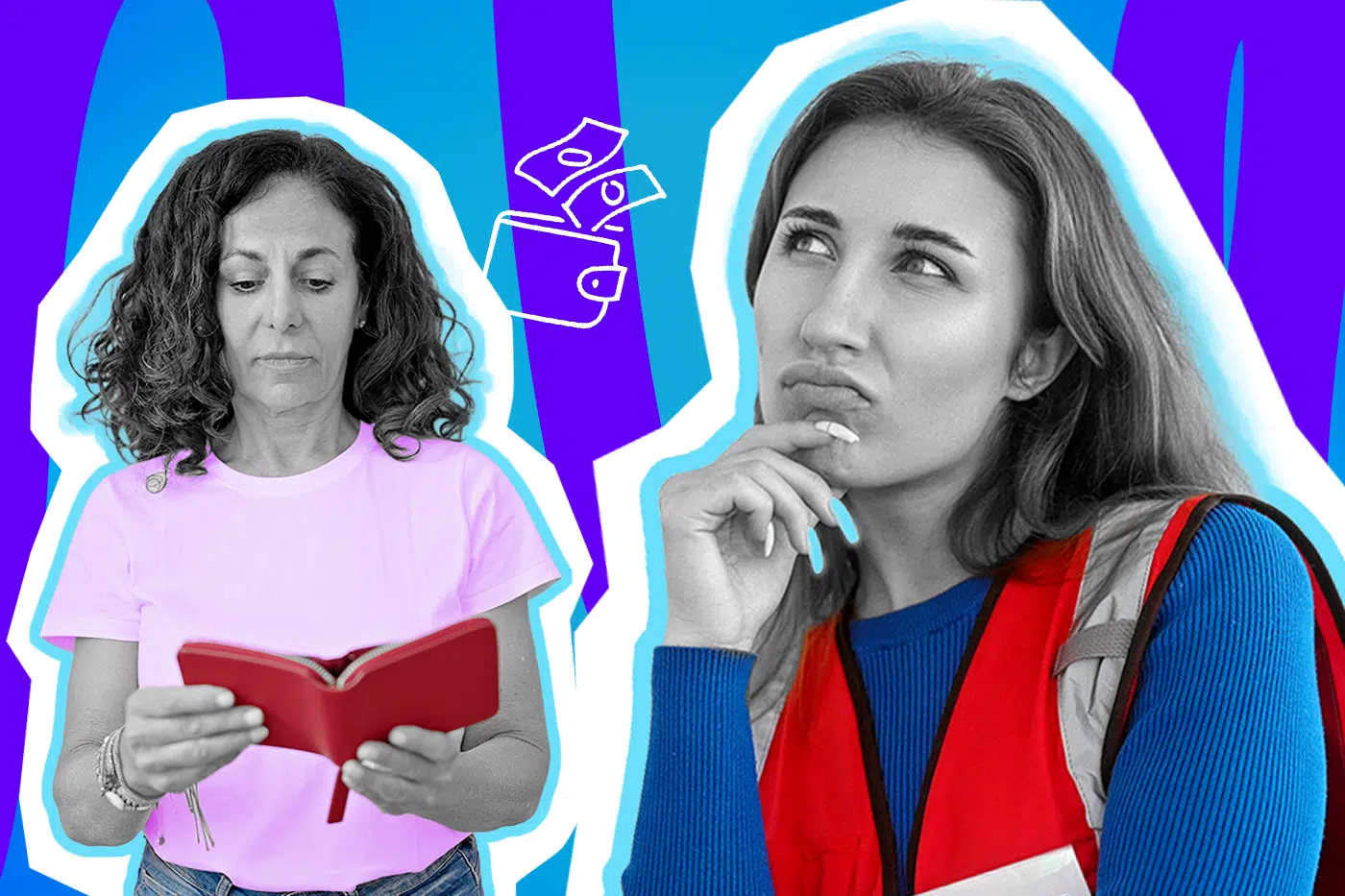 Emotionale Collage zum Thema Hilfsbereitschaft, Nächstenliebe und finanzielle Aufopferung: Auf der linken Seite blickt eine Frau in Schwarz-Weiß mit besorgtem Gesichtsausdruck auf ein aufgeschlagenes, leuchtend rotes Portemonnaie in ihren Händen. Sie trägt ein hellpinkes T-Shirt. Auf der rechten Seite steht eine jüngere Frau in Schwarz-Weiß, die nachdenklich den Finger ans Kinn legt und abwägend nach oben schaut. Sie trägt ein leuchtend blaues Oberteil unter einer knallroten Weste. Ein weißes Icon eines Geldbeutels, aus dem Geldscheine fliegen, sowie das Pop-Art-Motiv vor einem markanten blau-violetten Wellen-Hintergrund visualisieren pointiert die Themen Geldnot, selbstlose Entscheidungen und den berührenden Moment, wenn jemand ohne zu zögern gibt, um einem anderen Menschen in der Not zu helfen.