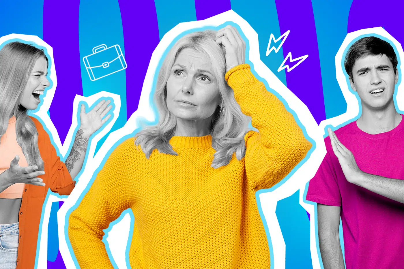 Ausdrucksstarke Collage zum Thema Arbeitsplatzkonflikte und toxische Büro-Dynamik: In der Mitte steht eine ältere Frau in Schwarz-Weiß, die sich in einem leuchtend gelben Pullover sichtlich verwirrt und fragend am Kopf kratzt. Links von ihr steht eine junge Frau, die in einem knallig orangen Hemd wütend und wild gestikulierend in ihre Richtung schreit. Auf der rechten Seite wendet sich ein junger Mann in einem magenta-pinken T-Shirt mit einer abwehrenden Handbewegung und genervtem Gesichtsausdruck ab. Ein weißes Aktenkoffer-Icon, kleine Blitz-Icons und das Pop-Art-Motiv vor einem markanten blau-violetten Wellen-Hintergrund visualisieren pointiert Generationenkonflikte im Job, mangelnde direkte Kommunikation und den frustrierenden Moment, wenn man völlig unerwartet von den eigenen Kollegen angeschwärzt wird.