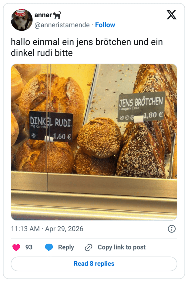 hallo einmal ein jens brötchen und ein dinkel rudi bitte