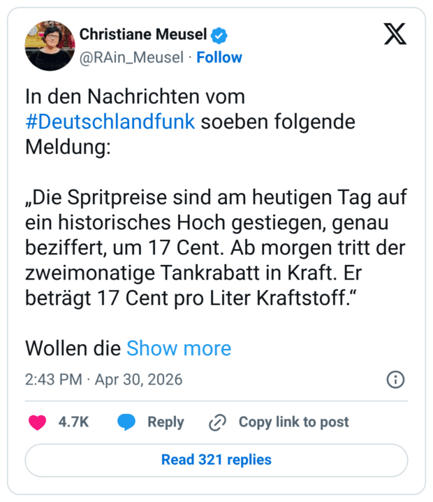 In den Nachrichten vom #Deutschlandfunk soeben folgende Meldung: „Die Spritpreise sind am heutigen Tag auf ein historisches Hoch gestiegen, genau beziffert, um 17 Cent. Ab morgen tritt der zweimonatige Tankrabatt in Kraft. Er beträgt 17 Cent pro Liter Kraftstoff.“ Wollen die uns verarschen? 🤡