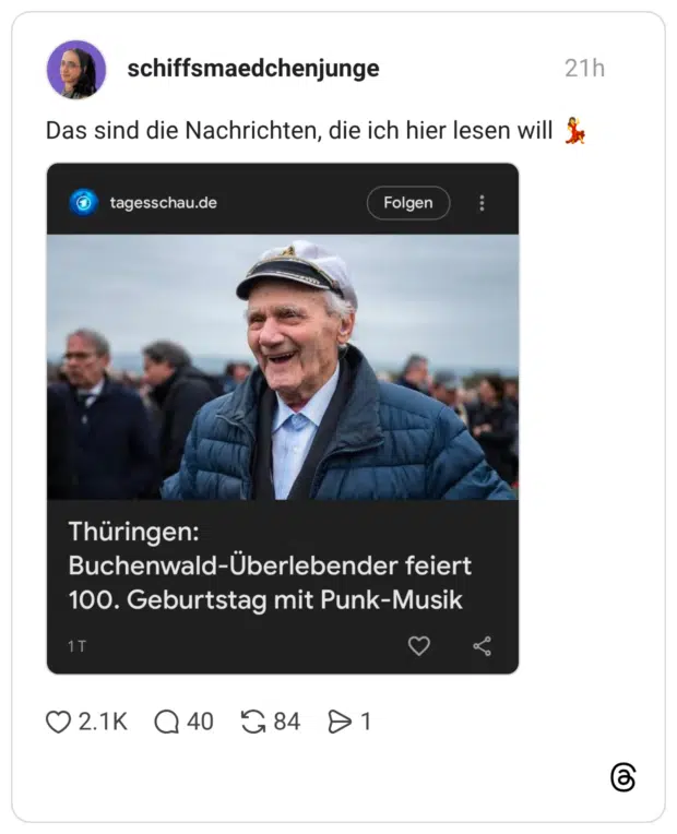 Das sind die Nachrichten, die ich hier lesen will tagesschau.de Thüringen: Buchenwald-Überlebender feiert 100. Geburtstag mit Punk-Musik