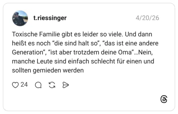 Toxische Familie gibt es leider so viele. Und dann heißt es noch “die sind halt so”, “das ist eine andere Generation”, “ist aber trotzdem deine Oma”…Nein, manche Leute sind einfach schlecht für einen und sollten gemieden werden