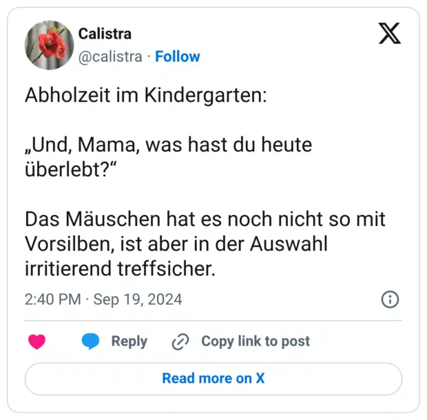 Abholzeit im Kindergarten: „Und, Mama, was hast du heute überlebt?" Das Mäuschen hat es noch nicht so mit Vorsilben, ist aber in der Auswahl irritierend treffsicher.