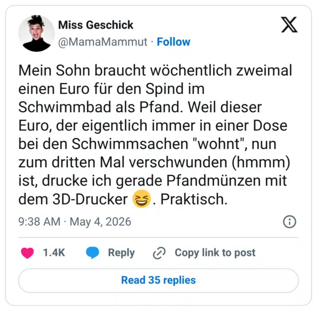 Mein Sohn braucht wöchentlich zweimal einen Euro für den Spind im Schwimmbad als Pfand. Weil dieser Euro, der eigentlich immer in einer Dose bei den Schwimmsachen "wohnt", nun zum dritten Mal verschwunden (hmmm) ist, drucke ich gerade Pfandmünzen mit dem 3D-Drucker 😆. Praktisch.
