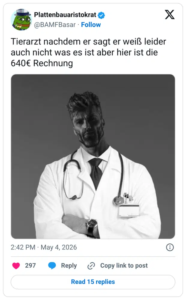 ierarzt nachdem er sagt er weiß leider auch nicht was es ist aber hier ist die 640€ Rechnung