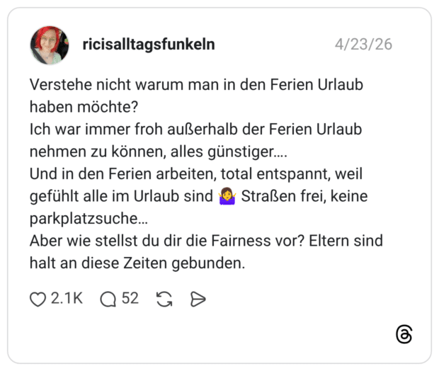 Verstehe nicht warum man in den Ferien Urlaub haben möchte? Ich war immer froh außerhalb der Ferien Urlaub nehmen zu können, alles günstiger…. Und in den Ferien arbeiten, total entspannt, weil gefühlt alle im Urlaub sind 🤷♀️ Straßen frei, keine parkplatzsuche… Aber wie stellst du dir die Fairness vor? Eltern sind halt an diese Zeiten gebunden.