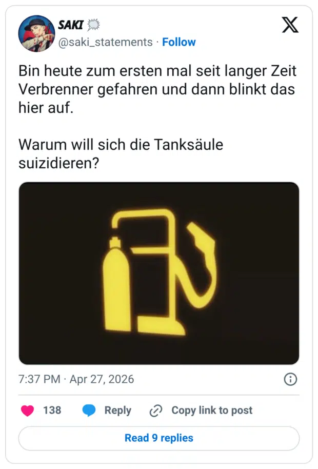 Bin heute zum ersten mal seit langer Zeit Verbrenner gefahren und dann blinkt das hier auf. Warum will sich die Tanksäule suizidieren?