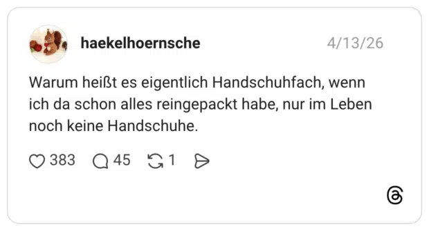 Warum heißt es eigentlich Handschuhfach, wenn ich da schon alles reingepackt habe, nur im Leben noch keine Handschuhe.