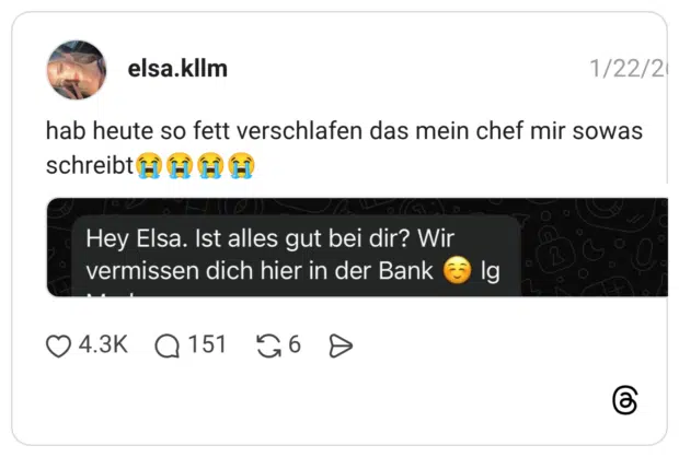 hab heute so fett verschlafen das mein chef mir sowas schreibt😭😭😭😭
