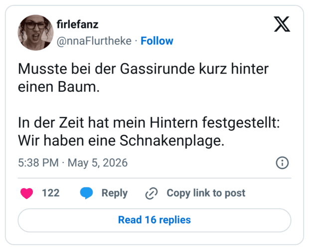 Musste bei der Gassirunde kurz hinter einen Baum. In der Zeit hat mein Hintern festgestellt: Wir haben eine Schnakenplage.