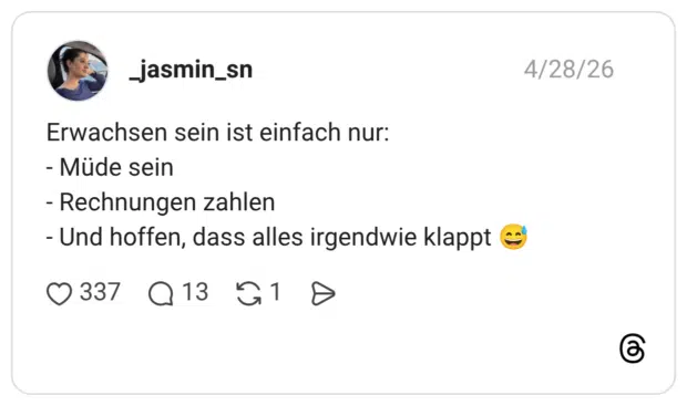 Erwachsen sein ist einfach nur: - Müde sein - Rechnungen zahlen - Und hoffen, dass alles irgendwie klappt 😅
