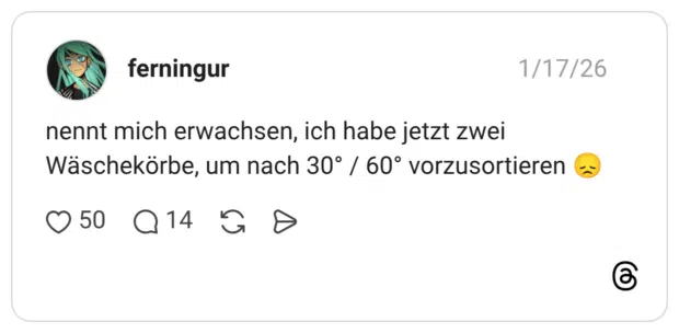 nennt mich erwachsen, ich habe jetzt zwei Wäschekörbe, um nach 30° / 60° vorzusortieren 😞