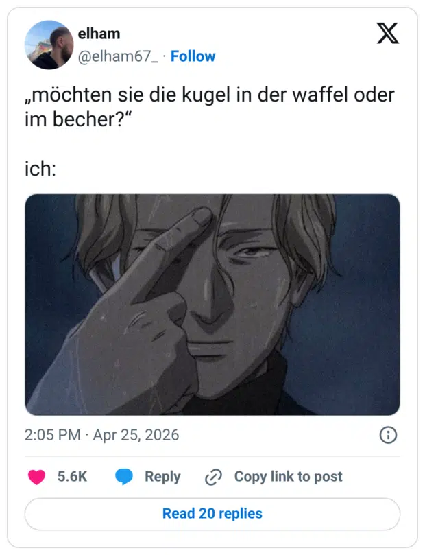 „möchten sie die kugel in der waffel oder im becher?" ich: