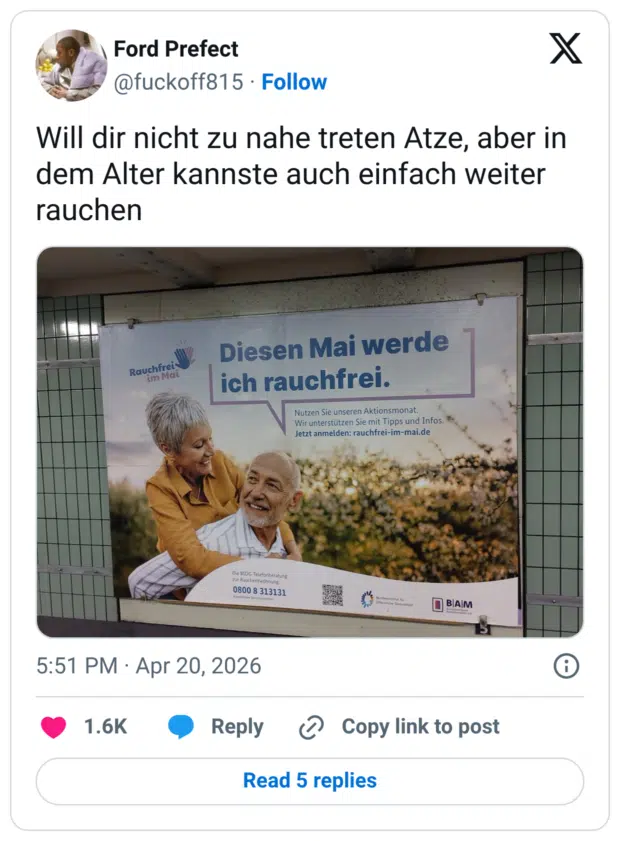 Will dir nicht zu nahe treten Atze, aber in dem Alter kannste auch einfach weiter rauchen