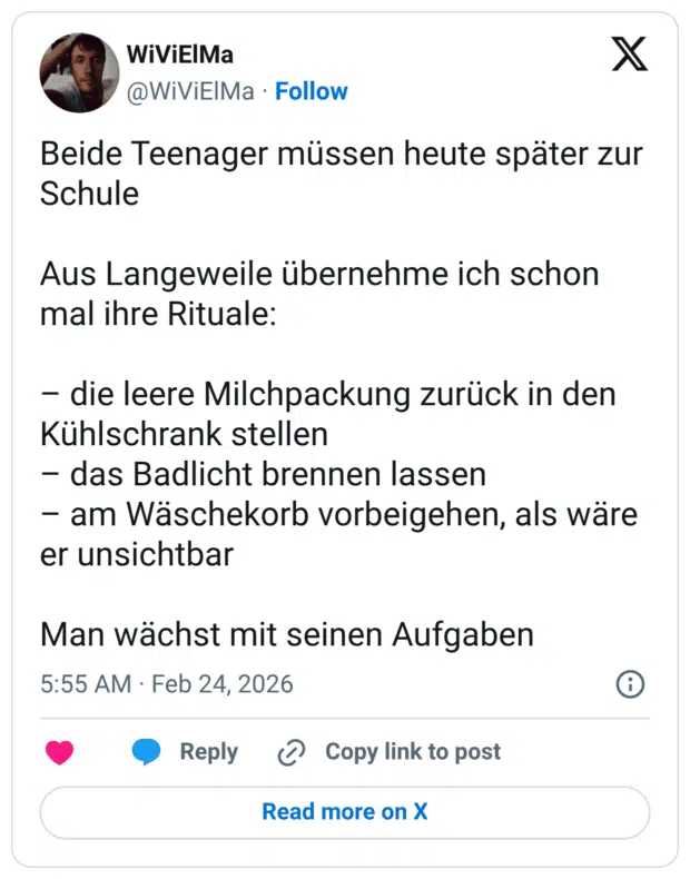 Beide Teenager müssen heute später zur Schule Aus Langeweile übernehme ich schon mal ihre Rituale: – die leere Milchpackung zurück in den Kühlschrank stellen – das Badlicht brennen lassen – am Wäschekorb vorbeigehen, als wäre er unsichtbar Man wächst mit seinen Aufgaben