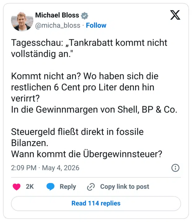 Tagesschau: „Tankrabatt kommt nicht vollständig an." Kommt nicht an? Wo haben sich die restlichen 6 Cent pro Liter denn hin verirrt? In die Gewinnmargen von Shell, BP & Co. Steuergeld fließt direkt in fossile Bilanzen. Wann kommt die Übergewinnsteuer?