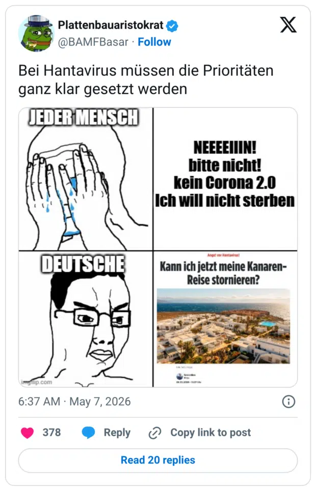 Plattenbauaristokrat O @BAMFBasar • Follow Bei Hantavirus müssen die Prioritäten ganz klar gesetzt werden JEDER MENSCH DEUTSCHE