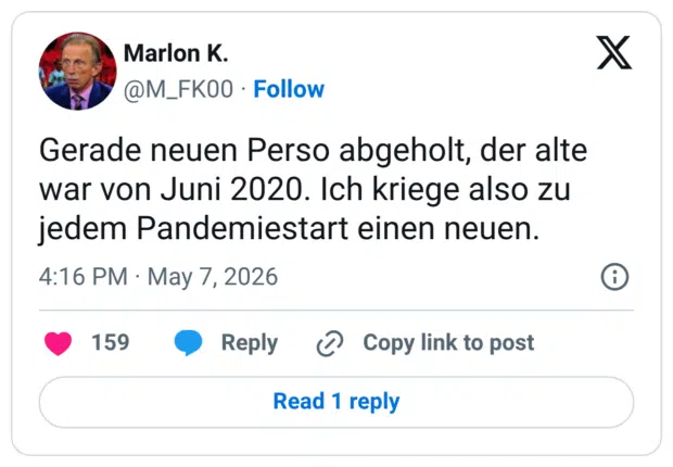 Gerade neuen Perso abgeholt, der alte war von Juni 2020. Ich kriege also zu jedem Pandemiestart einen neuen.
