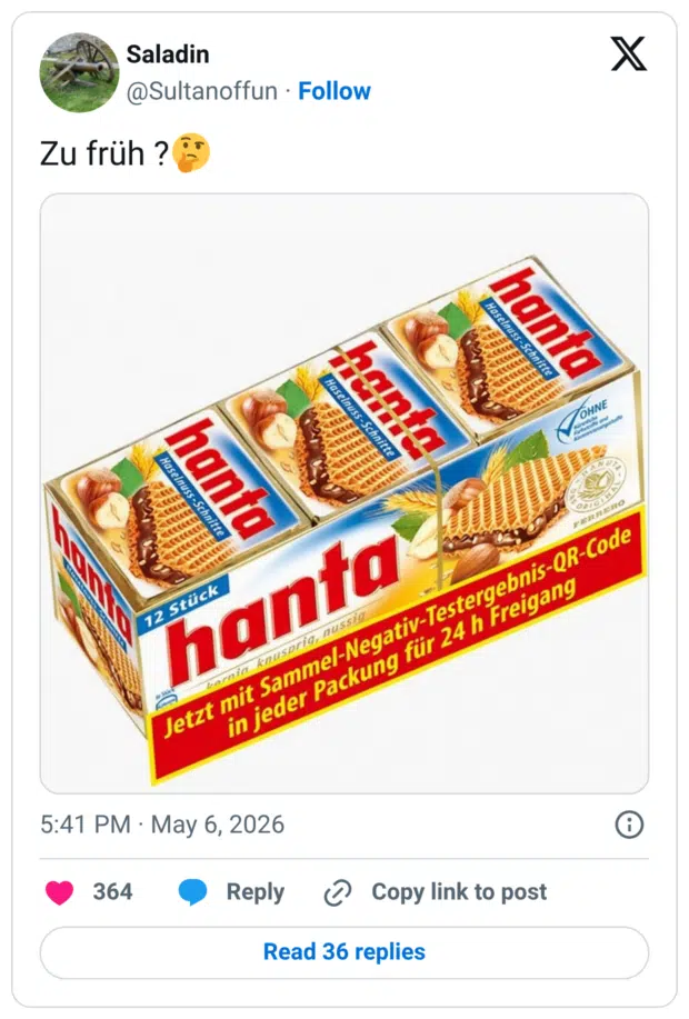 Zu früh ? попо Haselnuss-Schnitte hanta Haselnuss-Schnitte hanta 12 Stück hanta nuspria, nussig Jetzt mit Sammel-Negativ-Testergebnis-QR-Code in jeder Packung für 24 h Freigang