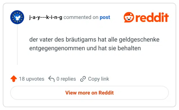 der vater des bräutigams hat alle geldgeschenke entgegengenommen und hat sie behalten