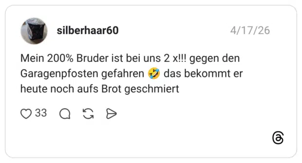 Mein 200% Bruder ist bei uns 2 x!!! gegen den Garagenpfosten gefahren das bekommt er heute noch aufs Brot geschmiert