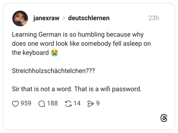 Learning German is so humbling because why does one word look like somebody fell asleep on the keyboard -ì Streichholzschächtelchen??? Sir that is not a word. That is a wifi password.