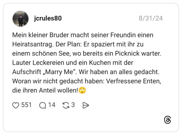 Mein kleiner Bruder macht seiner Freundin einen Heiratsantrag. Der Plan: Er spaziert mit ihr zu einem schönen See, wo bereits ein Picknick warter. Lauter Leckereien und ein Kuchen mit der Aufschrift „Marry Me“. Wir haben an alles gedacht. Woran wir nicht gedacht haben: Verfressene Enten, die ihren Anteil wollen!🙄