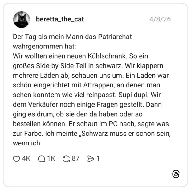 Der Tag als mein Mann das Patriarchat wahrgenommen hat: Wir wollten einen neuen Kühlschrank. So ein großes Side-by-Side-Teil in schwarz. Wir klappern mehrere Läden ab, schauen uns um. Ein Laden war schön eingerichtet mit Attrappen, an denen man sehen konntem wie viel reinpasst. Supi dupi. Wir dem Verkäufer noch einige Fragen gestellt. Dann ging es drum, ob sie den da haben oder so bestellen können. Er schaut im PC nach, sagte was zur Farbe. Ich meinte „Schwarz muss er schon sein, wenn ich