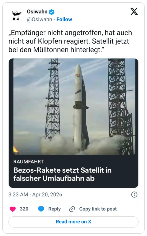 „Empfänger nicht angetroffen, hat auch nicht auf Klopfen reagiert. Satellit jetzt bei den Mülltonnen hinterlegt.“