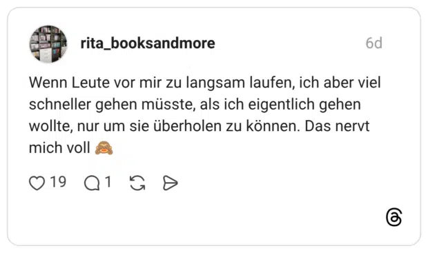 Wenn Leute vor mir zu langsam laufen, ich aber viel schneller gehen müsste, als ich eigentlich gehen wollte, nur um sie überholen zu können. Das nervt mich voll 🙈