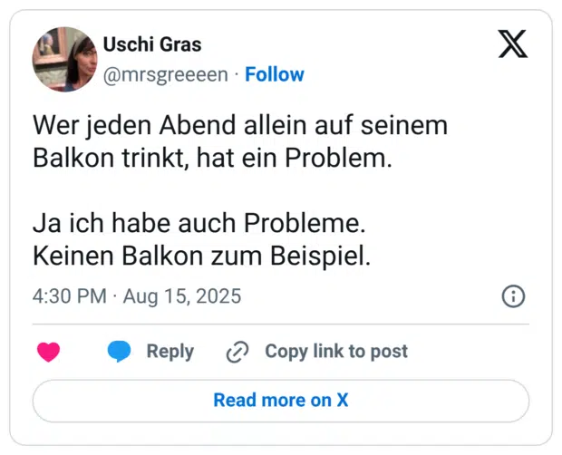 Wer jeden Abend allein auf seinem Balkon trinkt, hat ein Problem. Ja ich habe auch Probleme. Keinen Balkon zum Beispiel.