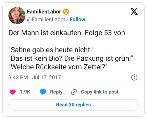 Der Mann ist einkaufen. Folge 53 von: "Sahne gab es heute nicht." "Das ist kein Bio? Die Packung ist grün!" "Welche Rückseite vom Zettel?"