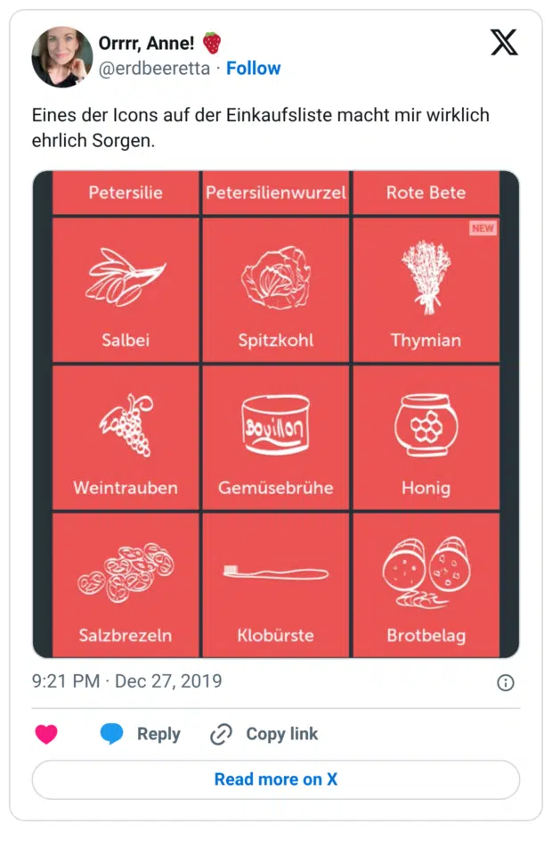 Eines der Icons auf der Einkaufsliste macht mir wirklich ehrlich Sorgen.