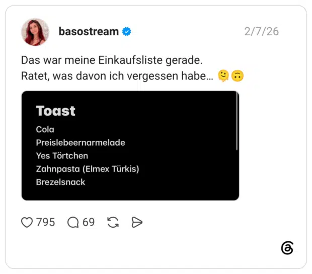 Das war meine Einkaufsliste gerade. Ratet, was davon ich vergessen habe… 🫠🙃
