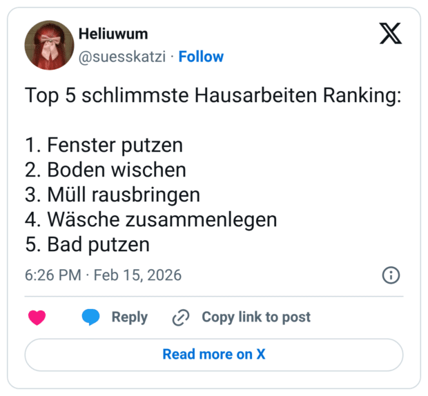 Top 5 schlimmste Hausarbeiten Ranking: 1. Fenster putzen 2. Boden wischen 3. Müll rausbringen 4. Wäsche zusammenlegen 5. Bad putzen