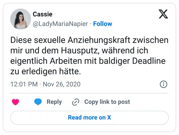 Diese sexuelle Anziehungskraft zwischen mir und dem Hausputz, während ich eigentlich Arbeiten mit baldiger Deadline zu erledigen hätte.