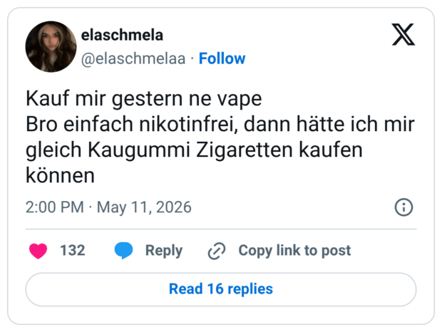 Kauf mir gestern ne vape Bro einfach nikotinfrei, dann hätte ich mir gleich Kaugummi Zigaretten kaufen können